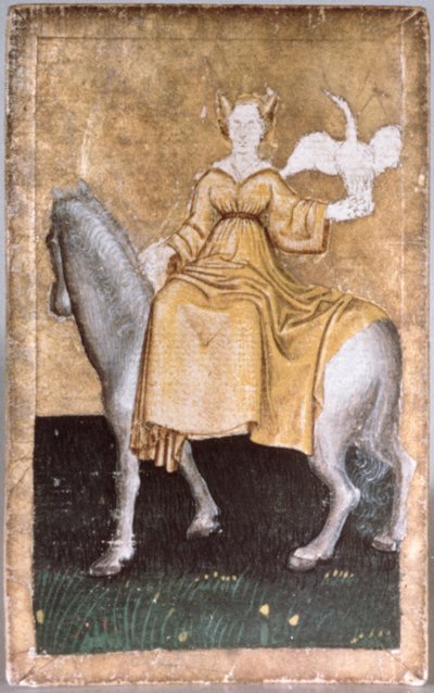 Una dama a cavallo che tiene un airone in una mano, una delle carte da gioco che raffigurano scene di falconeria cortese, Alto Reno, c.1440-45 da Konrad Witz